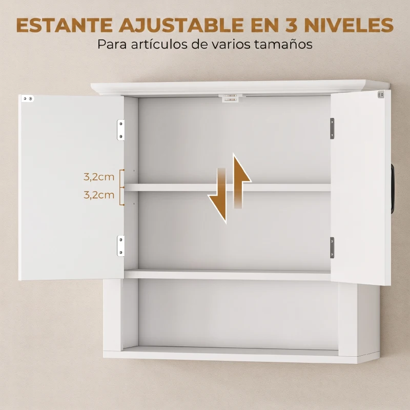 HOMCOM Armario de Pared para Baño con 2 Puertas y Estante Abierto para Aseo Dormitorio Ducha 60x19,8x58 cm Blanco