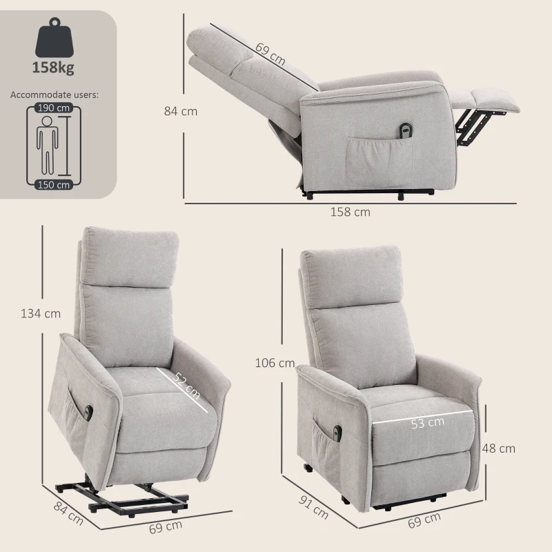 HOMCOM Fotoliu Electric cu Ridicare și Reclinare din Chenille cu Spătar Înalt, Telecomandă, Gri Deschis