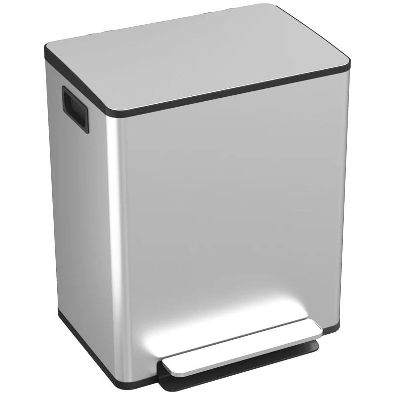 HOMCOM Küchenmülleimer 2 Kammern 2 x 25L, Edelstahl, Soft-Close-Deckel, 47,7x37,5x56cm, silber