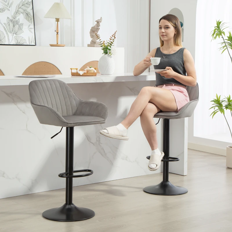HOMCOM Juego de 2 Taburetes de Bar Giratorios Altura Ajustable 62-83 cm Tapizada en Terciopelo Respaldo y Reposapiés Gris