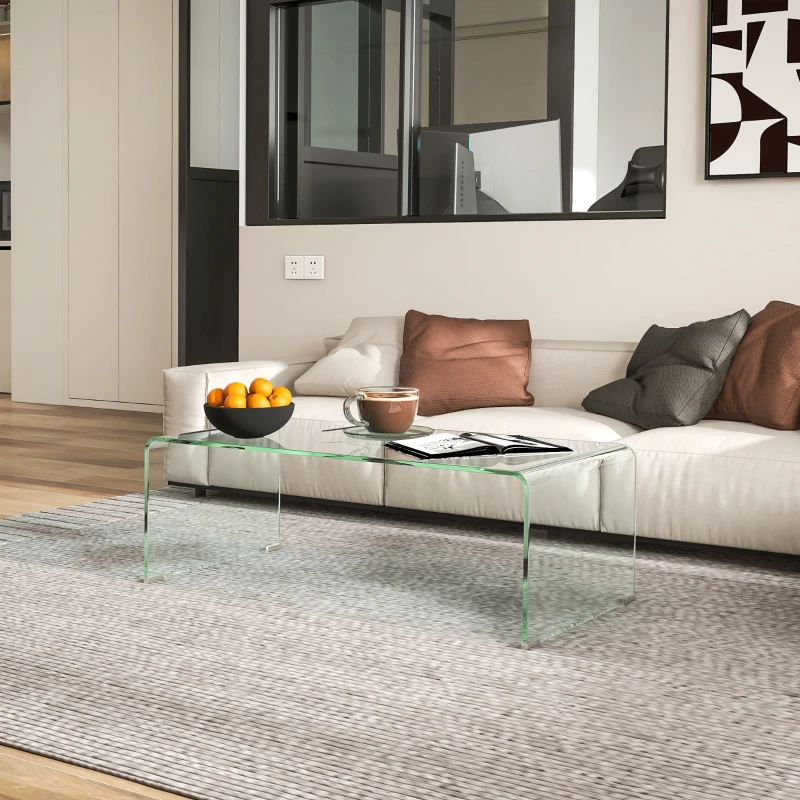 HOMCOM Masă Modernă din Sticlă Securizată pentru Living cu Design dintr-o Singură Piesă, 100x50x35 cm, Transparentă