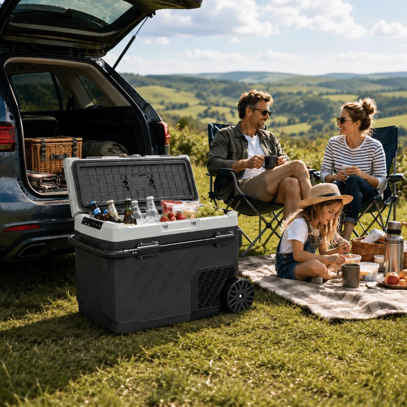 Outsunny 40L Compressor Car Fridge Freezer, Dual Zone Camping Refrigerator with App Control, Telescopic Handle, -20℃-20℃