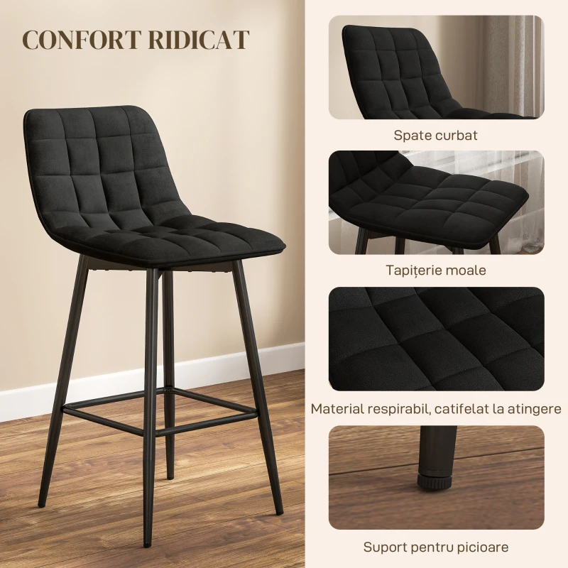HOMCOM Set 2 Scaune de Bucătărie Stil Nordic din Material Textil cu Efect de Catifea și Metal, 45x47x84 cm, Negru