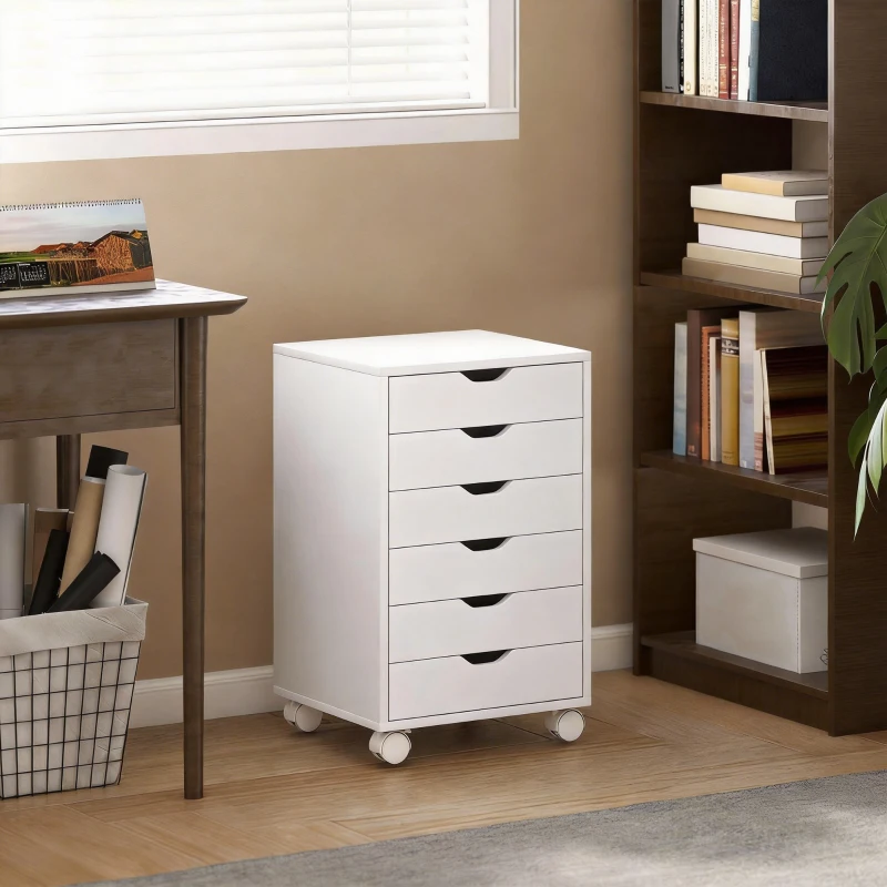 HOMCOM Caisson de Bureau Mobile avec 6 Tiroirs Silencieux, Caisson de Rangement sur Roulettes,  40 x 35 x 63 cm, Blanc