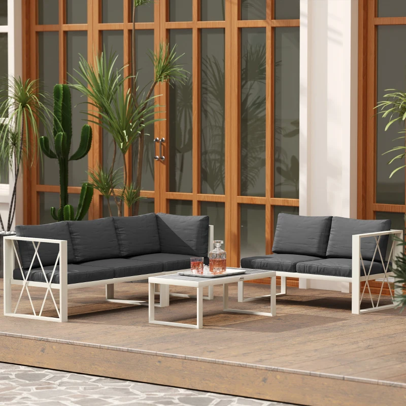 Outsunny Set Mobilier de Grădină cu Fotoliu Rabatabil, 2 Canapele cu Perne și Măsuță, Gri