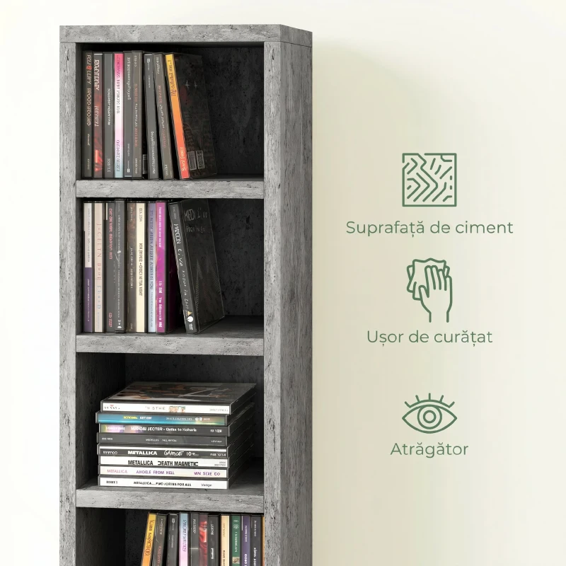 HOMCOM Raft Bibliotecă Pentru CD-uri cu 12 Polițe pentru 204 CD-uri, din MDF și PAL, 21 x 20 x 175 cm, Gri