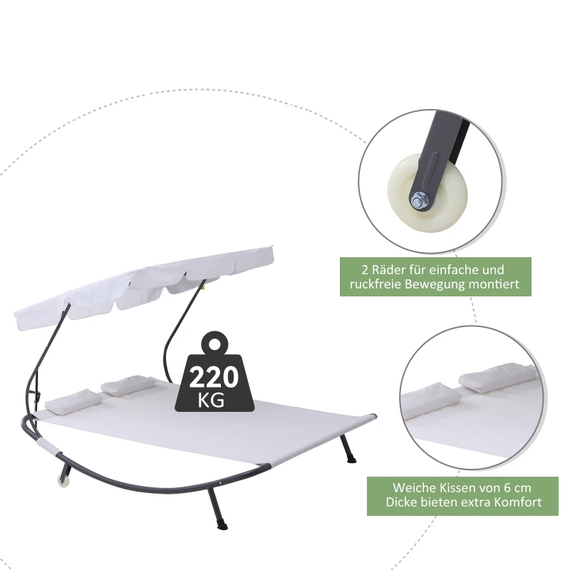 Outsunny Sonnenliege rollbar Campingliege mit Kopfkissen, Dach UV-beständig und wasserabweisend Gartenliege Liegestuhl bis 220kg belastbar für Balkon, Garten, Cremeweiß