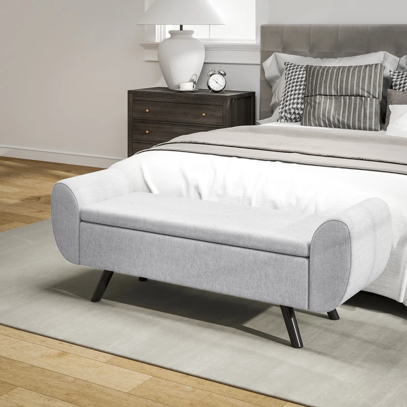 HOMCOM Bancă pentru Depozitare la Capătul Patului cu Brațe, Tapițerie din Material Textil, Picioare din Lemn și Capacitate de 53,8L, 132x42x50 cm, Gri