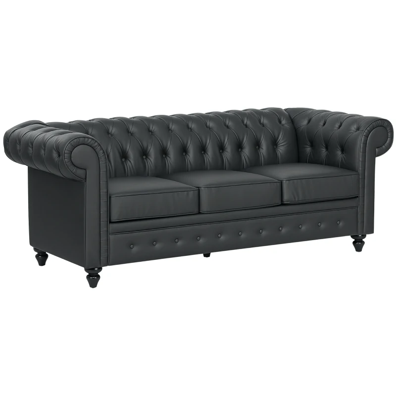 HOMCOM Canapea Chesterfield cu 3 locuri, tapițată, cu arcuri individuale, din piele sintetică, 213x86x79 cm, negru(m-11)