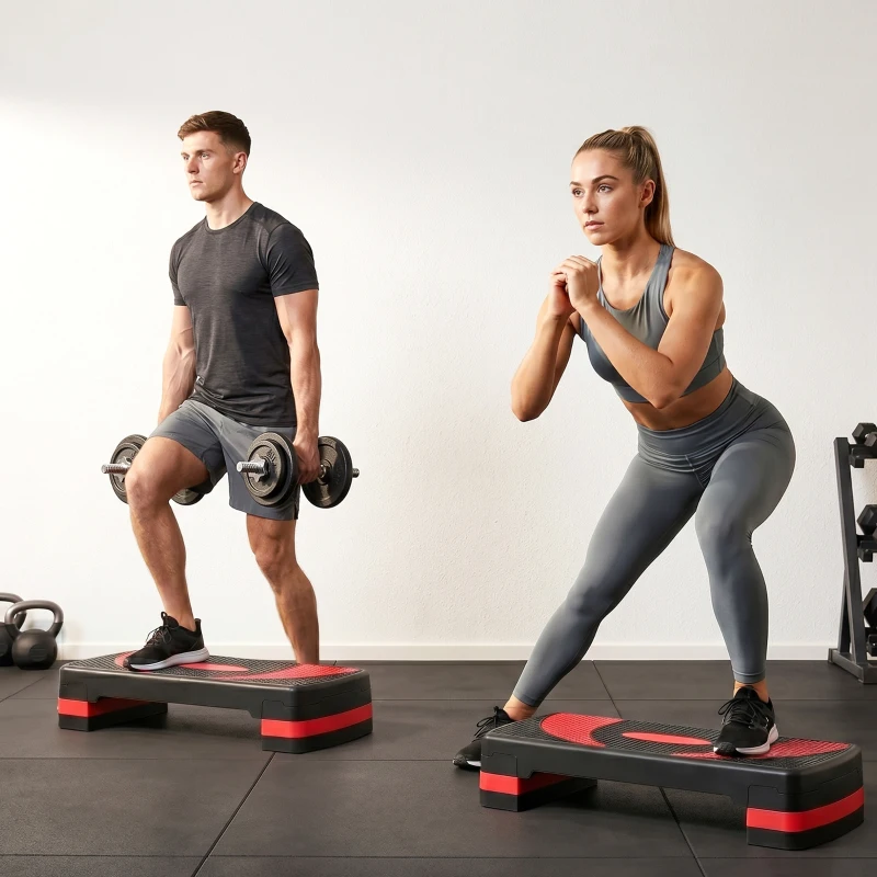 HOMCOM Step aerobic fitness reglabil pe 3 înălțimi, din plastic, 80x31x10/15/20 cm, roșu și negru