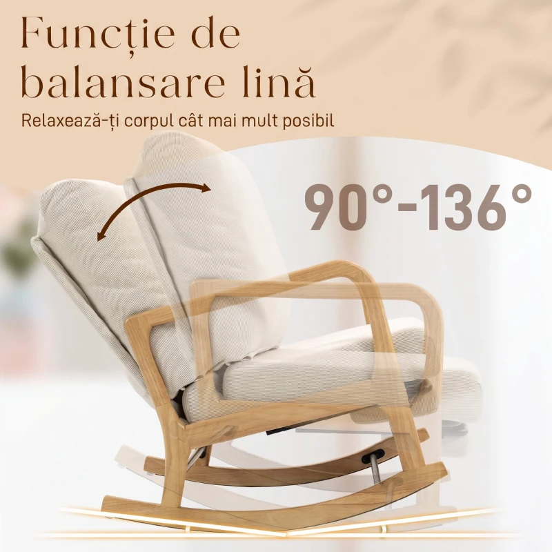 HOMCOM Balansoar din Catifea Fină cu Suport Picioare, Spătar Reclinabil, Stil Scandinav, Crem