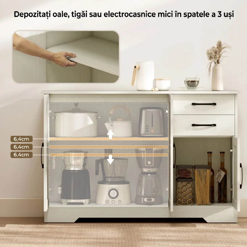 HOMCOM Mobilier Bucătărie cu 2 Sertare și 3 Dulapuri, Polițe Reglabile, 120 x 38 x 79 cm, Crem