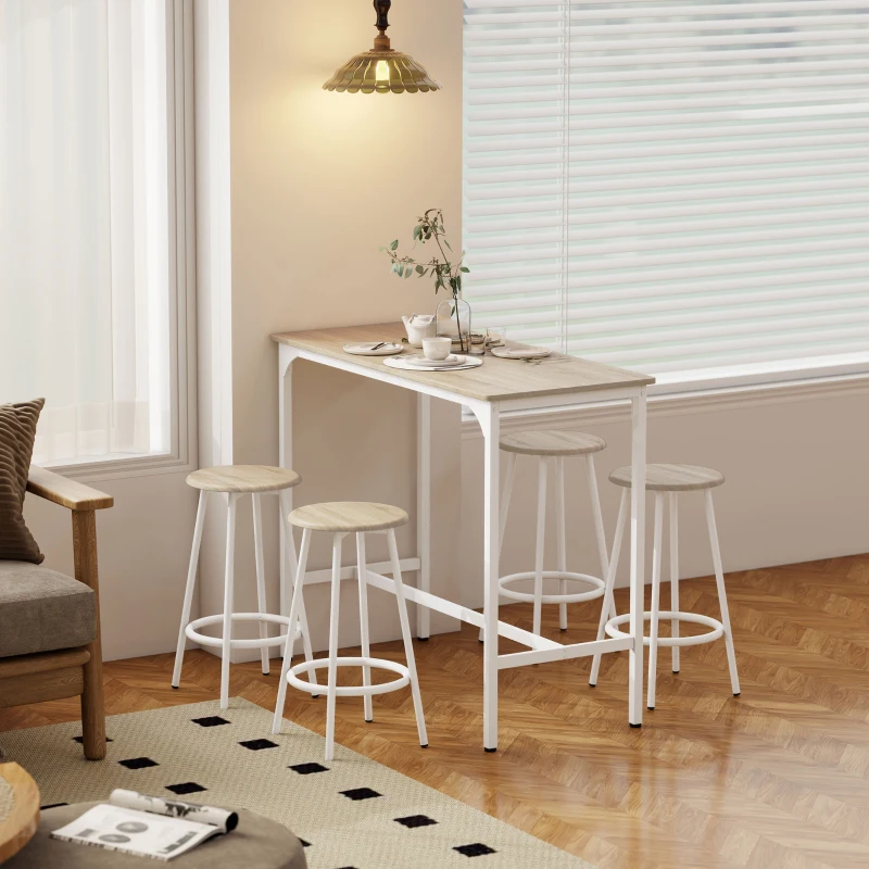 HOMCOM Set de Dining 5 Piese cu Bar 110 x 50 x 89,5 cm și Scaune Ø30 x 60,5 cm din Lemn și Metal Nuanță Lemn și Alb