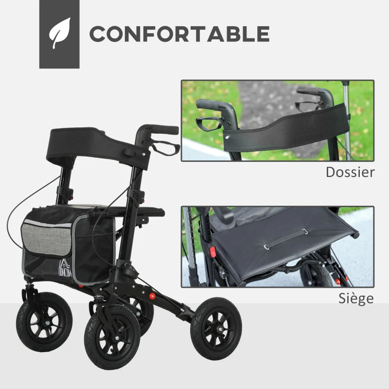HOMCOM Déambulateur 4 roues pliable, rollator en aluminium léger, siège rembourré, dossier, poignée réglable, 69x64x98,5cm noir