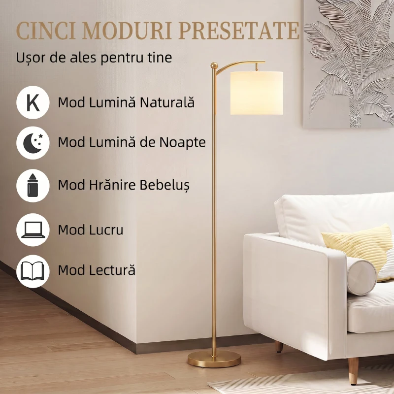 HOMCOM Lampadar LED cu Telecomandă, Lumină Reglabilă în 11 Temperaturi de Culoare și 11 Niveluri de Luminozitate, Auriu