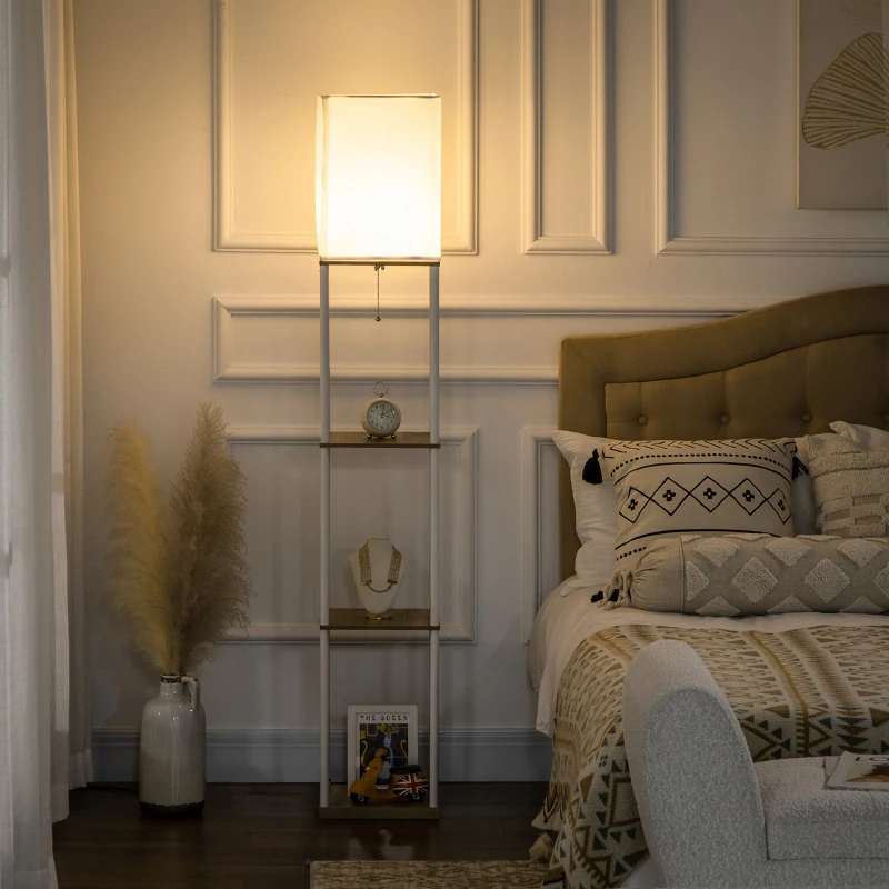 HOMCOM Modern Metal Floor Lamp with Shelves, 3 Layer Shelf Tall Standing Lamp with Fabric Lampshade, Pull Chain Switch for Living Room, Bedroom, Bulb not Included, White