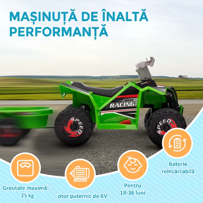 HOMCOM ATV Electric pentru Copii cu Remorcă, Pedală, Mers Înainte și Înapoi, 2,5 km/h, 18-36 Luni, Verde