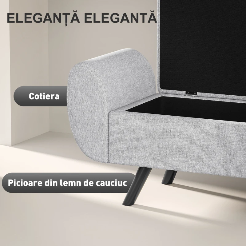 HOMCOM Bancă pentru Depozitare la Capătul Patului cu Brațe, Tapițerie din Material Textil, Picioare din Lemn și Capacitate de 53,8L, 132x42x50 cm, Gri