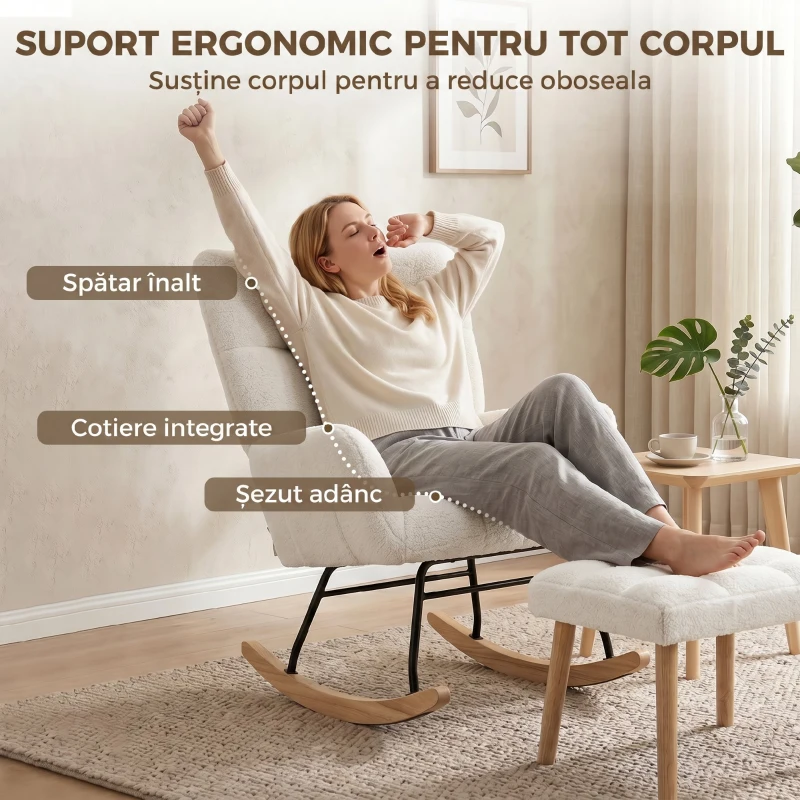HOMCOM Fotoliu Balansoar din Sherpa cu Taburet, Buzunare Laterale, Șezut Gros, Design Matlasat, Crem