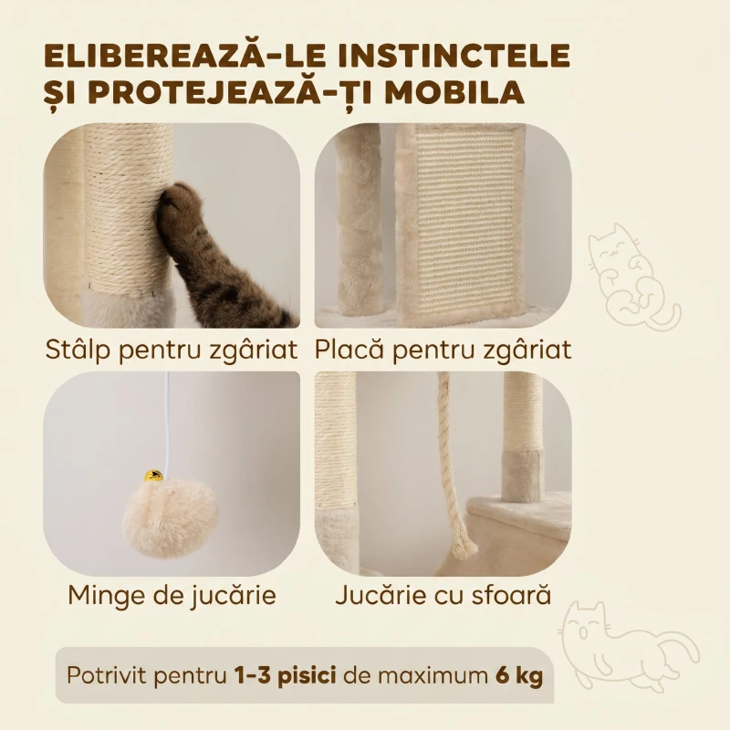 PawHut Ansamblu de Zgâriat pentru Pisici, 206 cm, cu Stâlpi din Sisal, Peșteri și Hamace, Bej