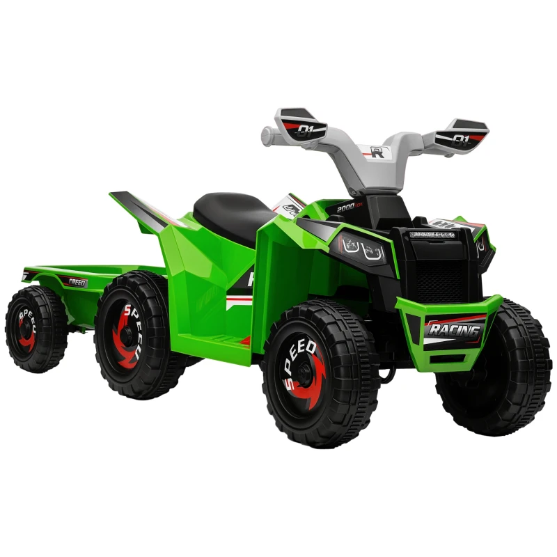 HOMCOM ATV Electric pentru Copii cu Remorcă, Pedală, Mers Înainte și Înapoi, 2,5 km/h, 18-36 Luni, Verde