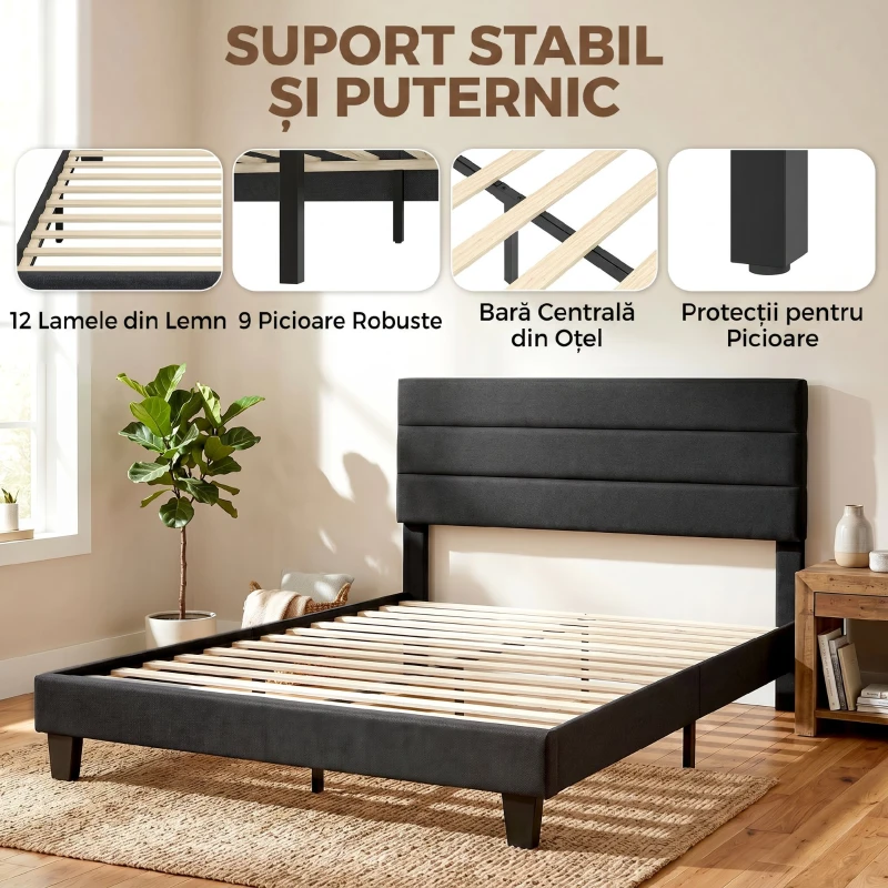 HOMCOM Cadru de Pat Dublu cu Lamele, 160x200cm, Negru