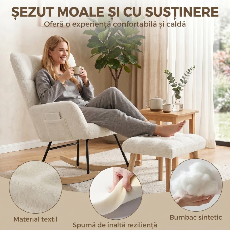 HOMCOM Fotoliu Balansoar din Sherpa cu Taburet, Buzunare Laterale, Șezut Gros, Design Matlasat, Crem
