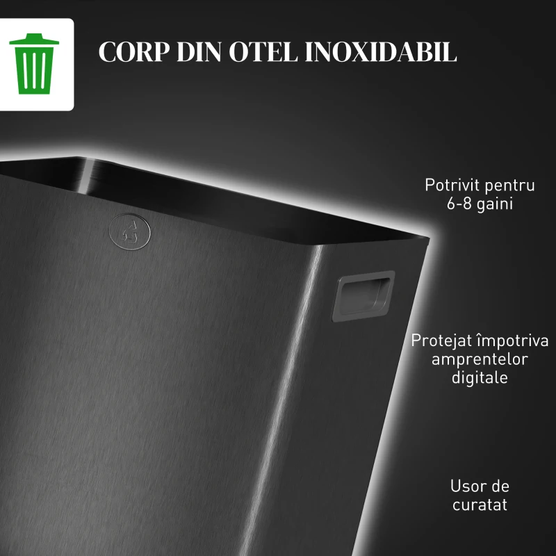 HOMCOM Coș de Gunoi cu 2 Secțiuni de 15L, cu Închidere Silențioasă, din Oțel Inoxidabil și PP, 41.7x36.6x43.2 cm, Negru