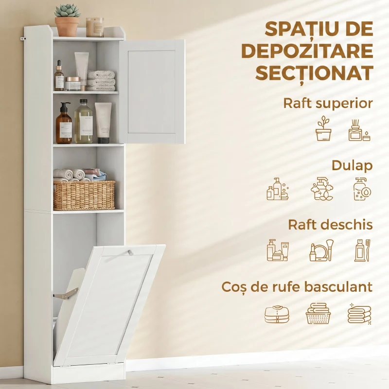 HOMCOM Coloană Baie cu Coș Rabatabil, Dulap Îngust cu Rafturi, Alb