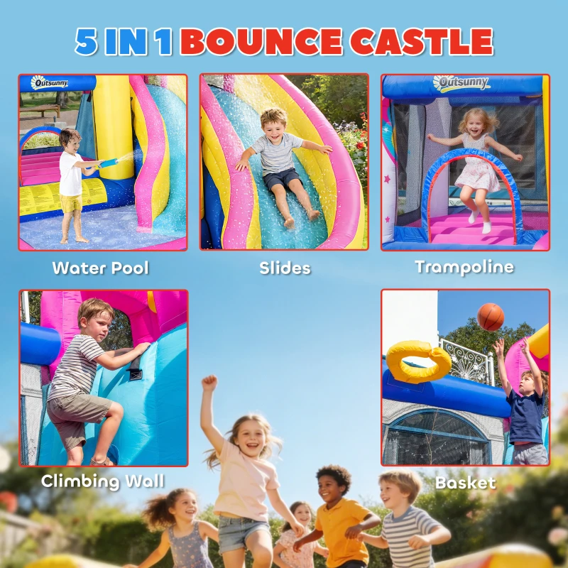 Outsunny 5 in 1 Bouncy Castle, with Blower, for Ages 3-8 Years - Multicoloured