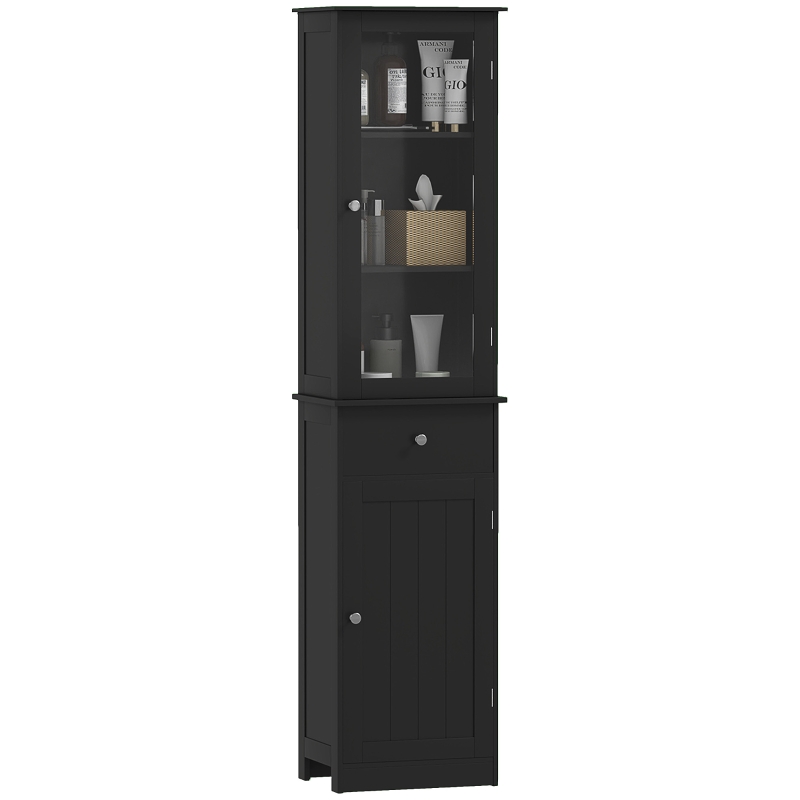 kleankin Platzsparender Badezimmer-Hochschrank mit Schrankfach, Schublade und Regalen aus MDF, 40x27x171.5cm, Schwarz