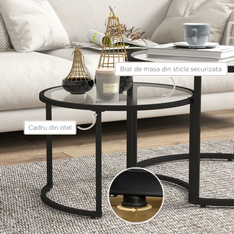 HOMCOM Set 2 mese de cafea suprapuse din sticlă și oțel, Ø70x47,5 cm și Ø54x42,5 cm, negru