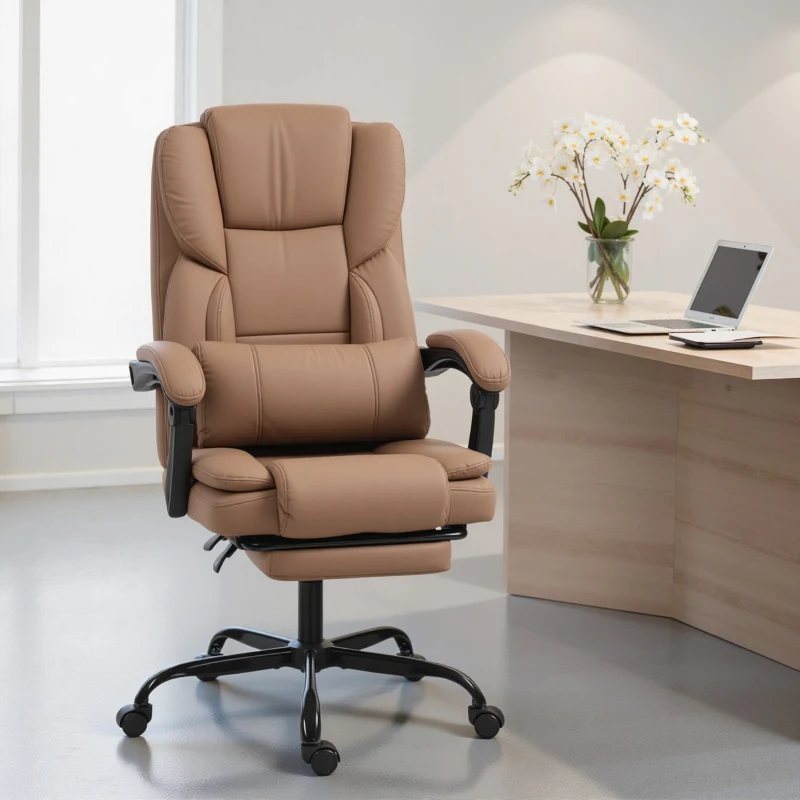 HOMCOM Scaun de Birou Ergonomic Reclinabil 140° cu Suport pentru Picioare și Pernă, Scaun de Birou din Piele Ecologică Rezistentă, Ușor de Curățat, Cotiere Căptușite, Rotativ și Reglabil pe Înălțime, Maro