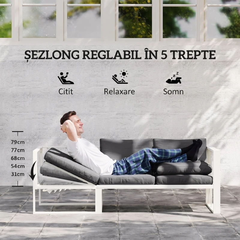 Outsunny Set Mobilier de Grădină cu Fotoliu Rabatabil, 2 Canapele cu Perne și Măsuță, Gri