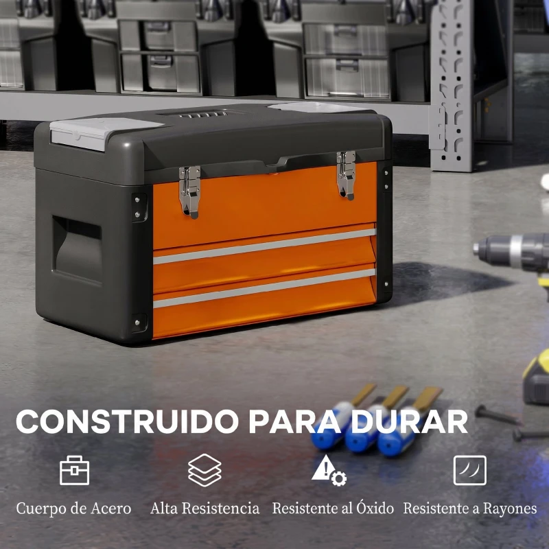 HOMCOM Maletín de Herramientas Resistente con 2 Cajones y Asa de Transporte Caja para Hogar y Taller Naranja