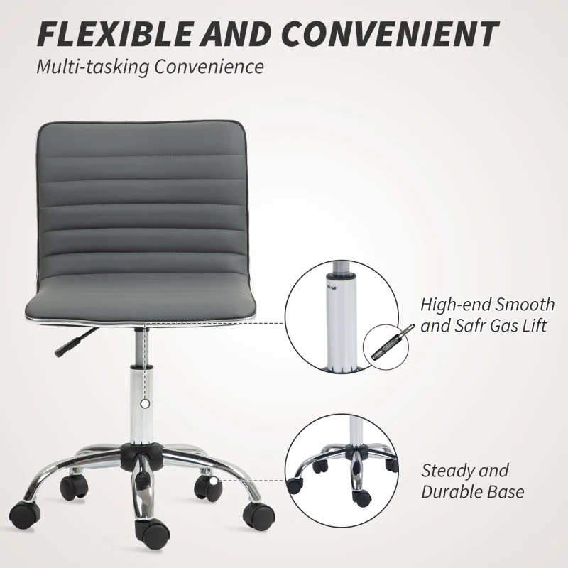 HOMCOM Armless Task Desk Chair, Swivel Office Chair with Faux Leather, Adjustable Seat Height, Chrome Base, Wheels for Home, Dark Grey
