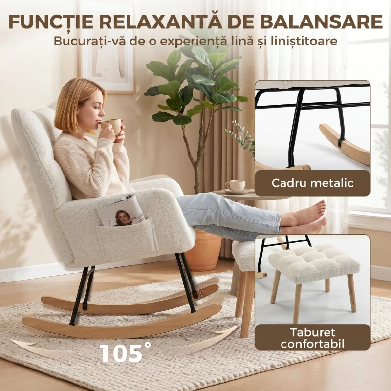 HOMCOM Fotoliu Balansoar din Sherpa cu Taburet, Buzunare Laterale, Șezut Gros, Design Matlasat, Crem
