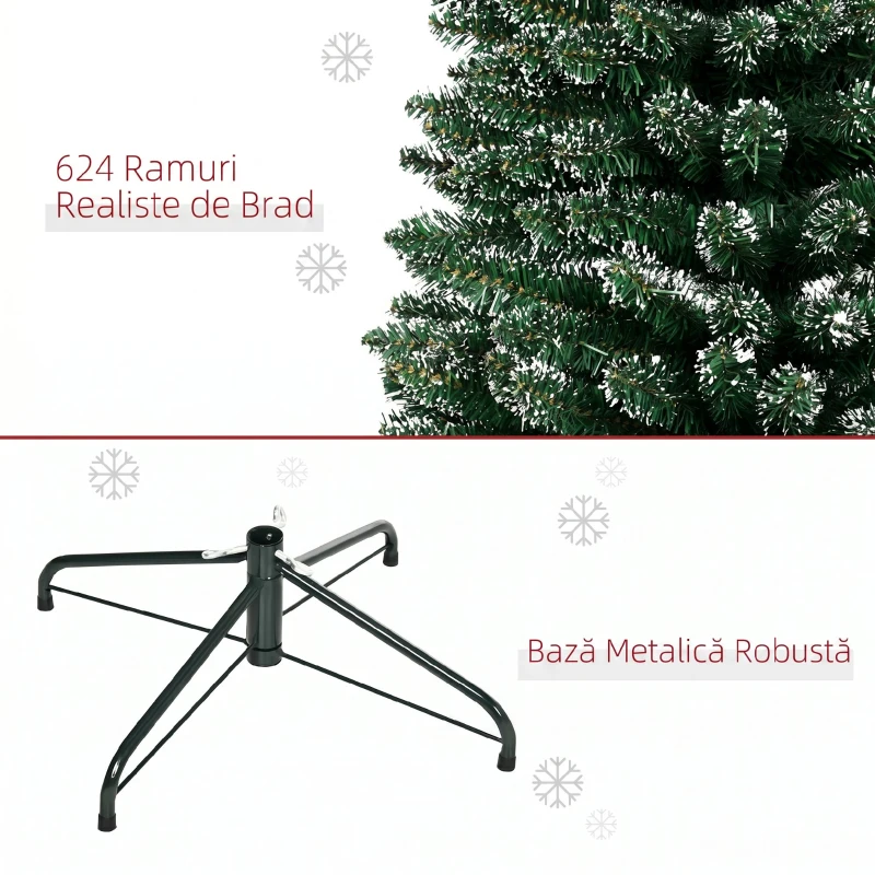 HOMCOM Brad de Crăciun Slim cu 624 Ramuri, Bază Pliabilă, Plastic și Metal, 56x56x225 cm, Verde