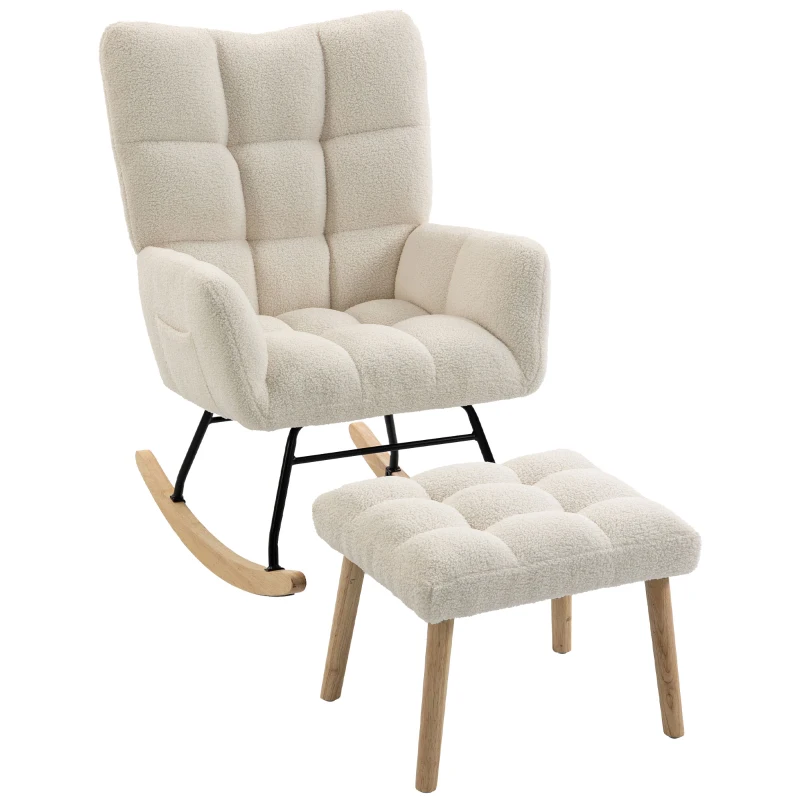 HOMCOM Fotoliu Balansoar din Sherpa cu Taburet, Buzunare Laterale, Șezut Gros, Design Matlasat, Crem