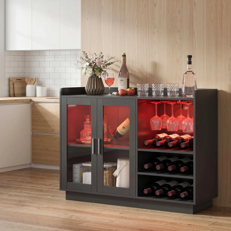 HOMCOM Bar mobil cu suport pentru sticle, lumină LED și raft reglabil, din lemn și sticlă, 120x38x88 cm, negru
