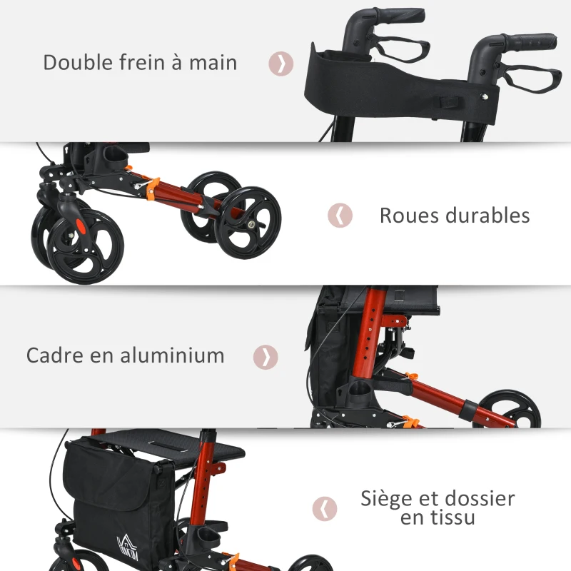 HOMCOM Déambulateur 4 Roues Pliable en Aluminium, Hauteur Réglable 6 Positions, Freins Doubles, Rangement, 64x67x92cm, Rouge