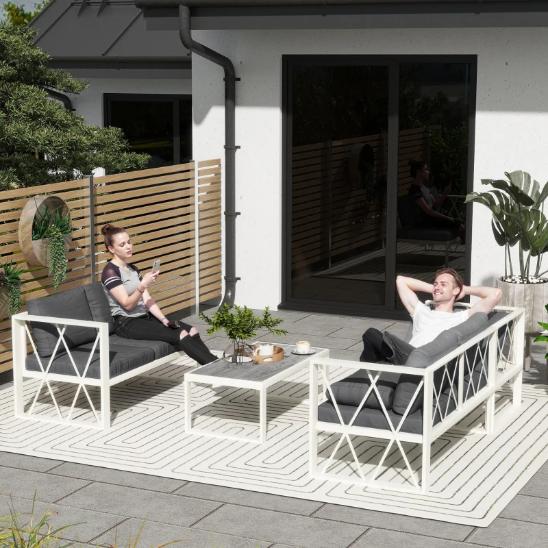 Outsunny Set Mobilier de Grădină cu Fotoliu Rabatabil, 2 Canapele cu Perne și Măsuță, Gri
