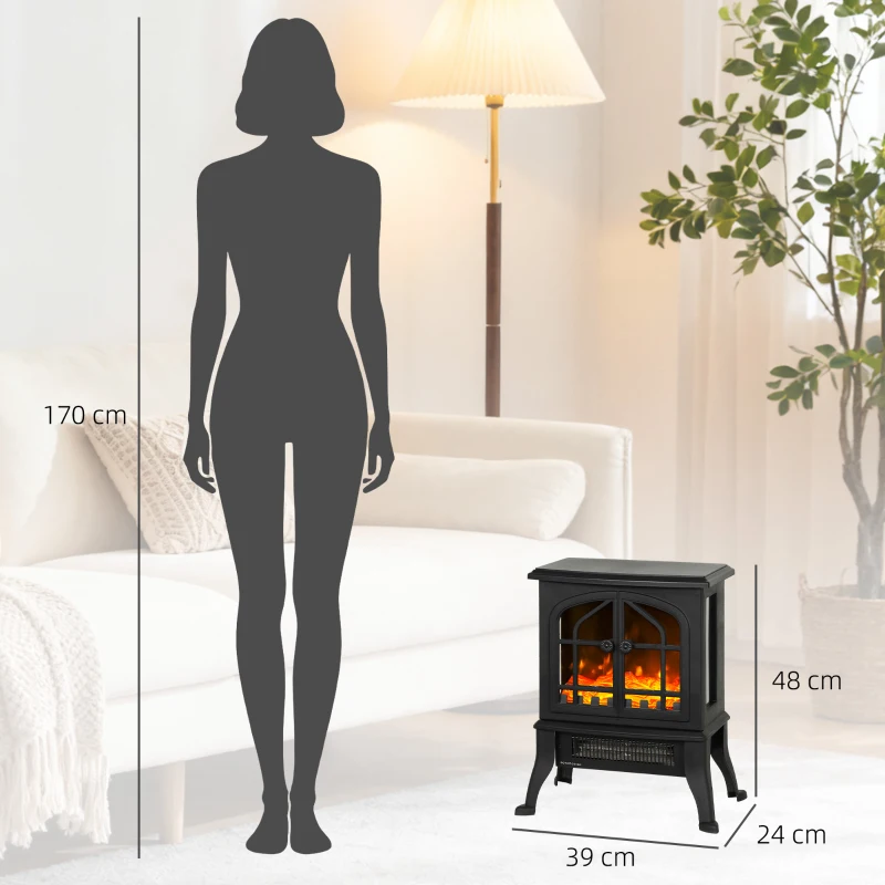 HOMCOM Șemineu Electric de Podea, Flacără 3D, Termostat 10-35°C, Plastic, Sticlă, 39x24x48 cm, Negru