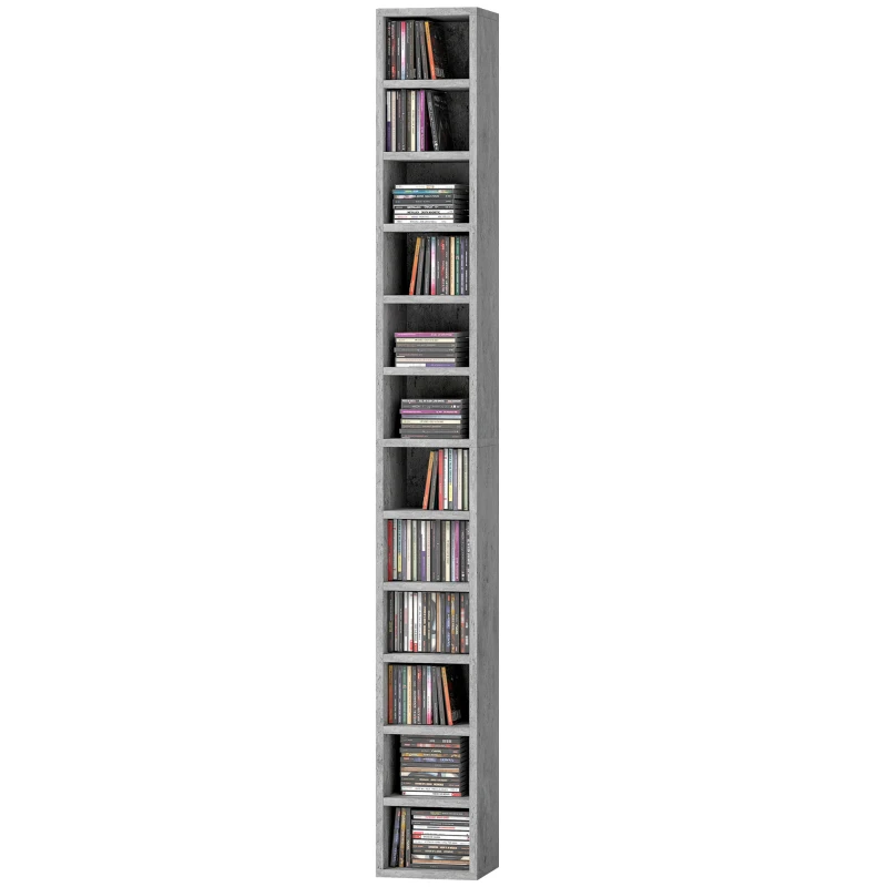 HOMCOM Raft Bibliotecă Pentru CD-uri cu 12 Polițe pentru 204 CD-uri, din MDF și PAL, 21 x 20 x 175 cm, Gri