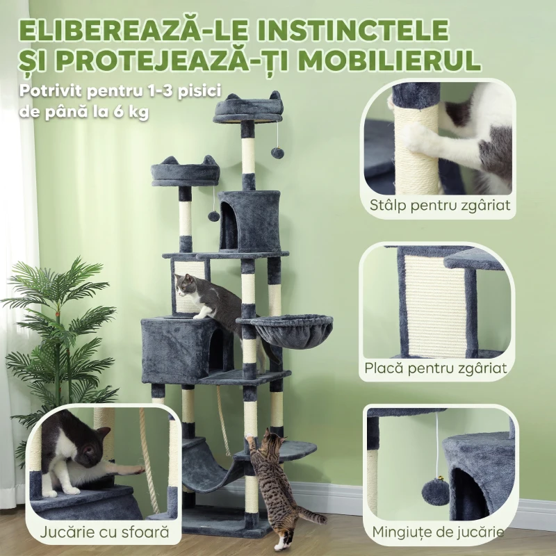 PawHut Ansamblu de Cățărat pentru Pisici, 206 cm, cu Stâlpi din Sisal, Căsuțe și Hamace, Gri Închis