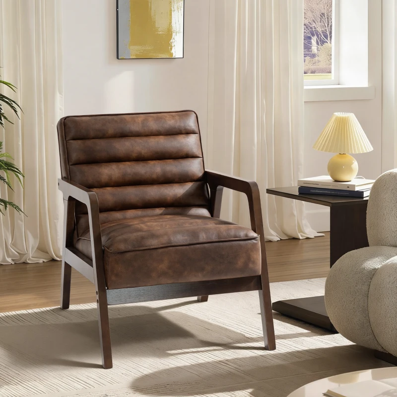 HOMCOM Fauteuil salon, fauteuil d'appoint rembourré en PU avec large assise, coussin épais et structure en bois massif, marron