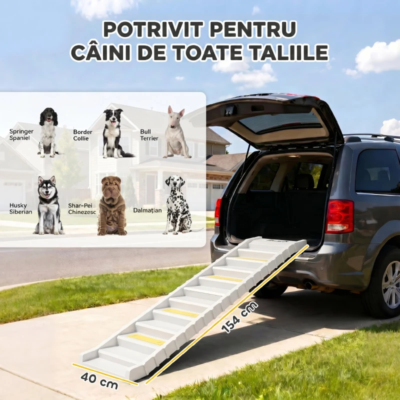 PawHut Rampă Pliabilă pentru Câini pentru Mașină și Paturi Înalte, cu 10 Trepte, Benzi și Covorașe Antiderapante, Albă