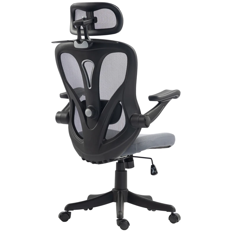 HOMCOM Silla de Oficina Ergonómica, Reposabrazos Abatibles 3D, Reposacabezas 2D, Perchero, en Malla, Gris Oscuro