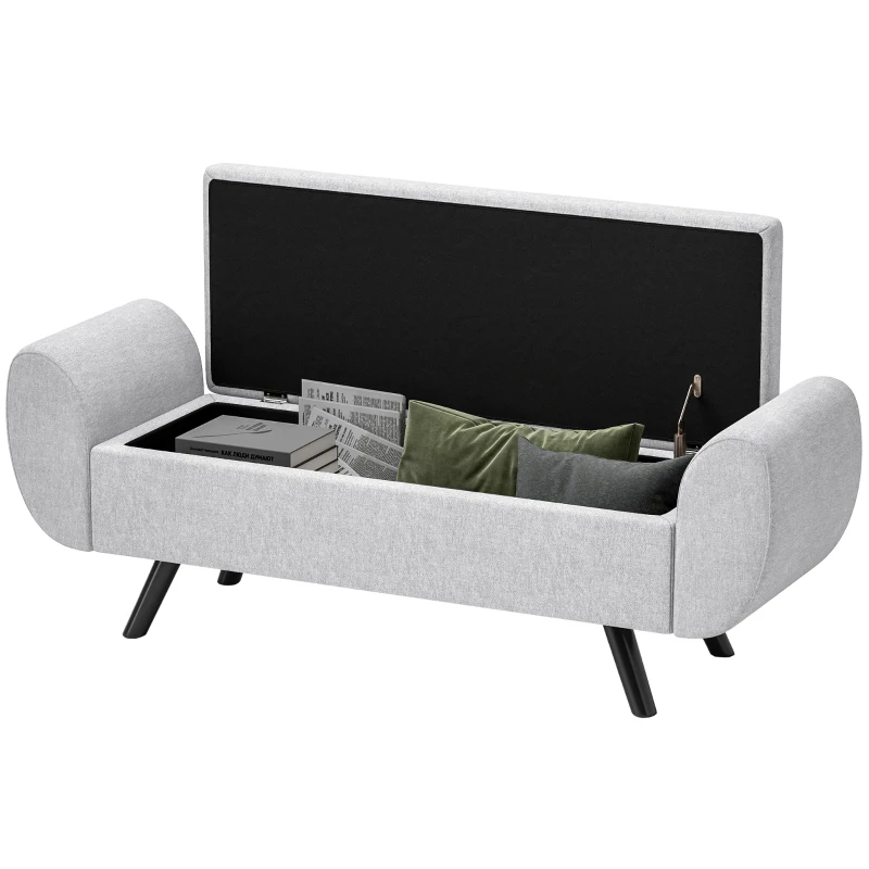 HOMCOM Bancă pentru Depozitare la Capătul Patului cu Brațe, Tapițerie din Material Textil, Picioare din Lemn și Capacitate de 53,8L, 132x42x50 cm, Gri