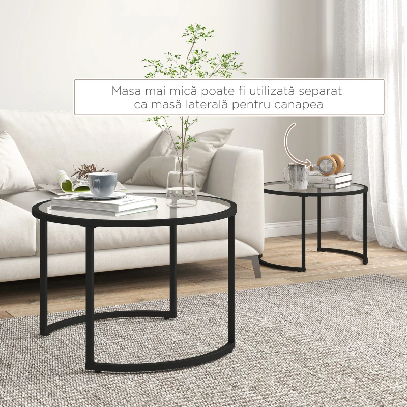 HOMCOM Set 2 mese de cafea suprapuse din sticlă și oțel, Ø70x47,5 cm și Ø54x42,5 cm, negru